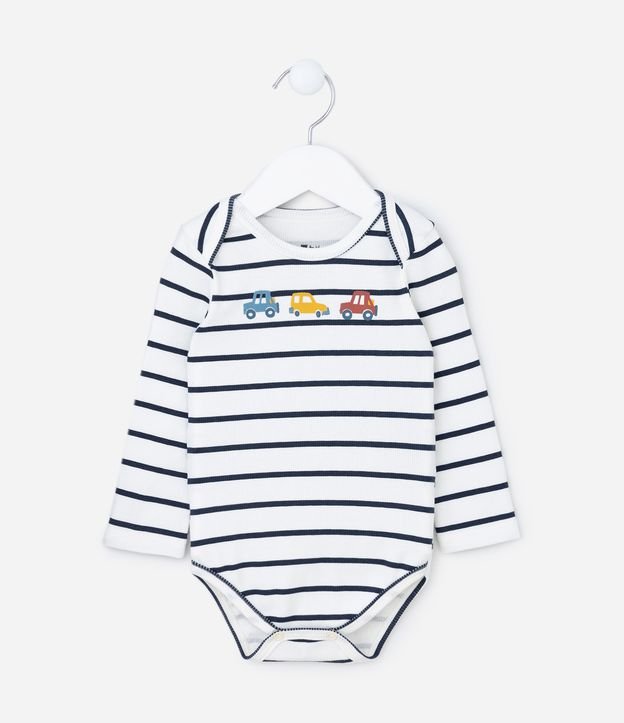 Body Infantil com Estampa Listras e Carrinhos - Tam 0 a 18 meses Branco Neve 1