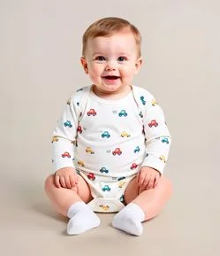 Body Longo Infantil com Estampa de Carrinhos - Tam RN a 24 meses