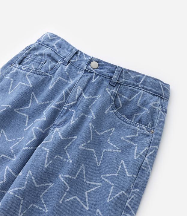 Calça Wide Leg Infantil em Jeans com Estampa Estrelas - Tam 5 a 14 Anos Azul 5