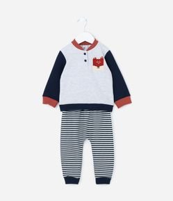 Conjunto Infantil Longo com Listras e Bolso Raposinha - Tam 3 a 18 meses