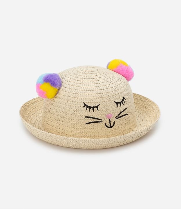 Chapéu de Palha Infantil com Carinha Bordada e Pompons - Tam U