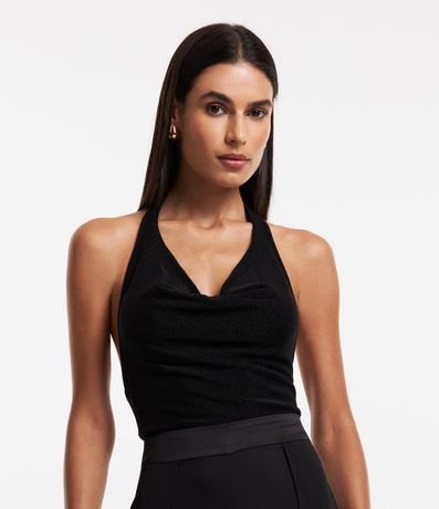 Blusa Cropped Sem Manga com Decote Franzido e Fio Metalizado