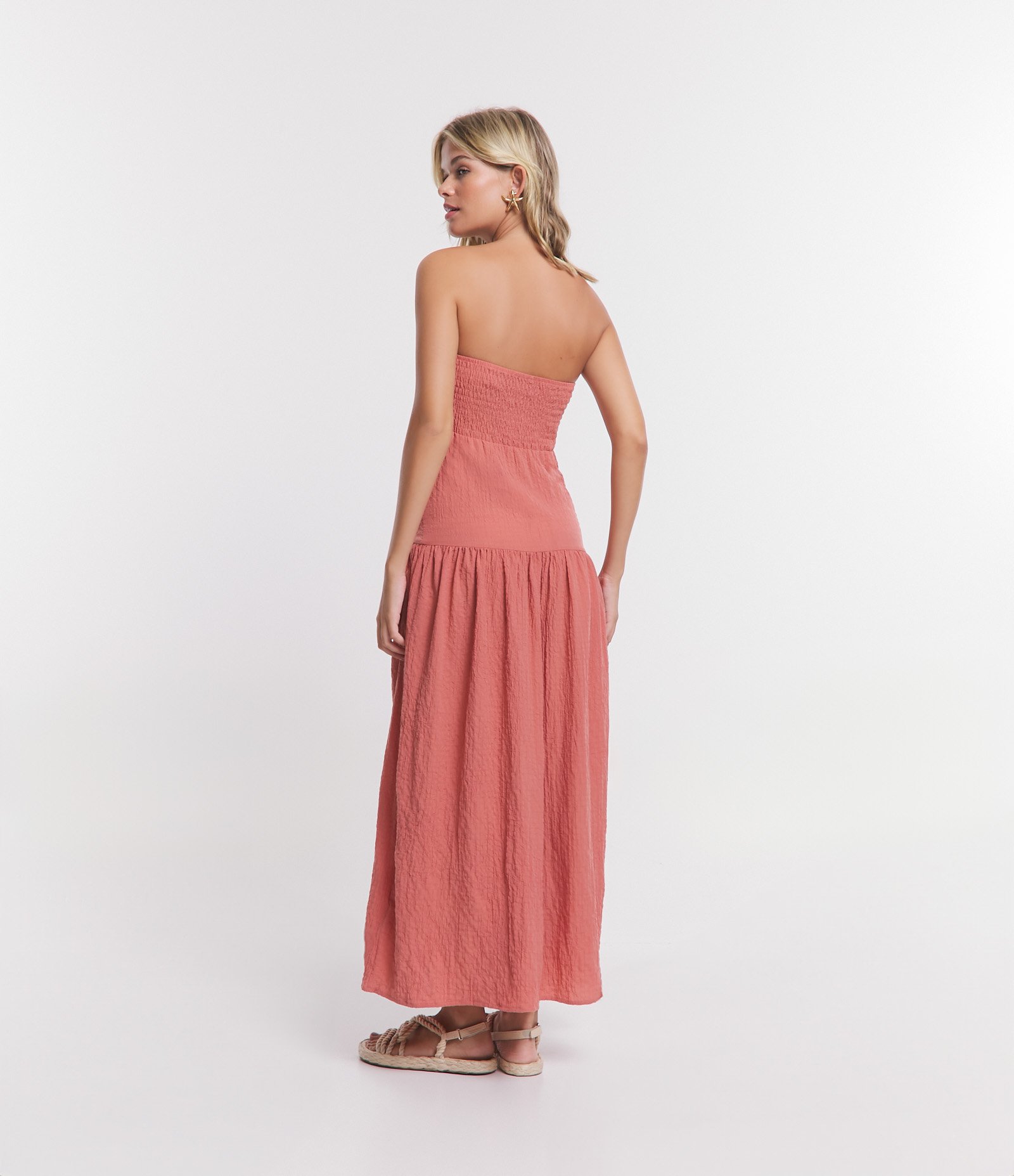Vestido Midi com Decote Tomara que Caia e Lastex nas Costas Rosa Coral 3