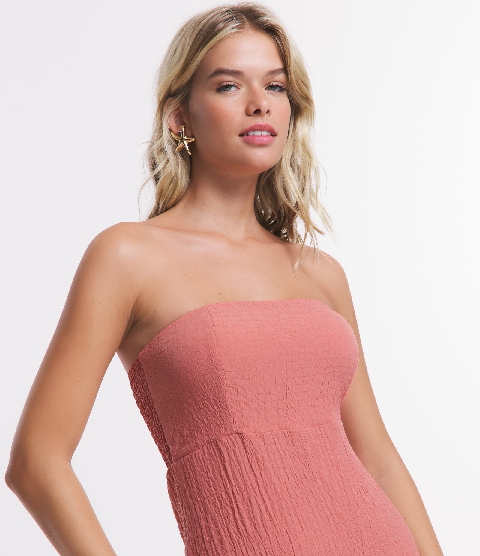 Vestido Midi com Decote Tomara que Caia e Lastex nas Costas Rosa Coral 4