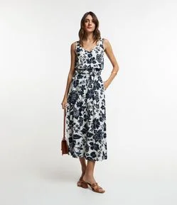 Saia Midi em Viscose com Cinto Faixa e Estampa Floral