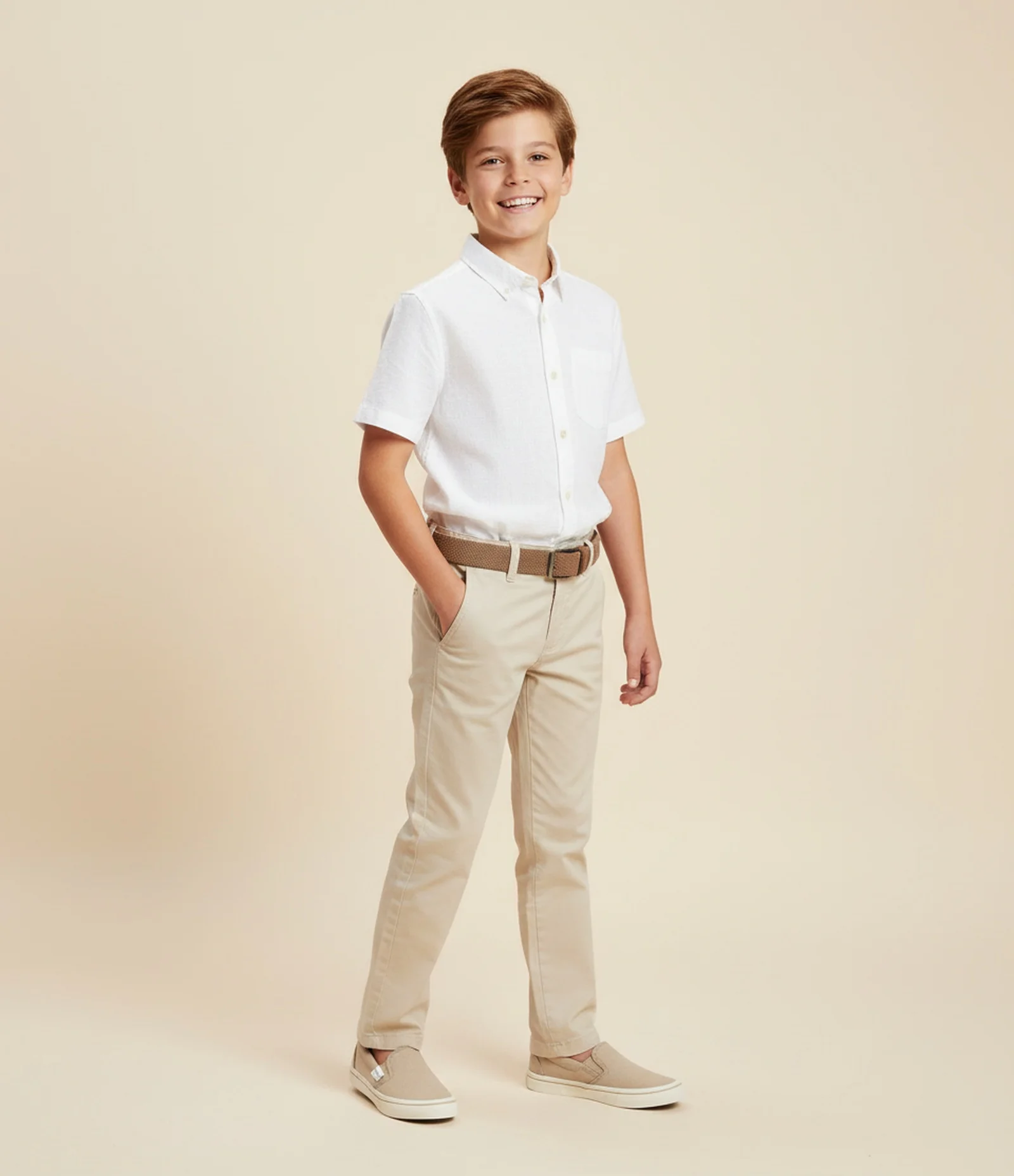 Calça Infantil em Sarja com Cinto - Tam 5 a 14 Anos Off White 1