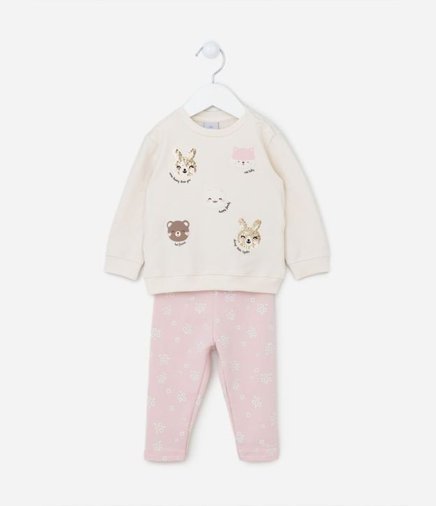 Conjunto Infantil em Moletom com Estampa de Bichinhos e Brilhos - Tam 0 a 18 meses