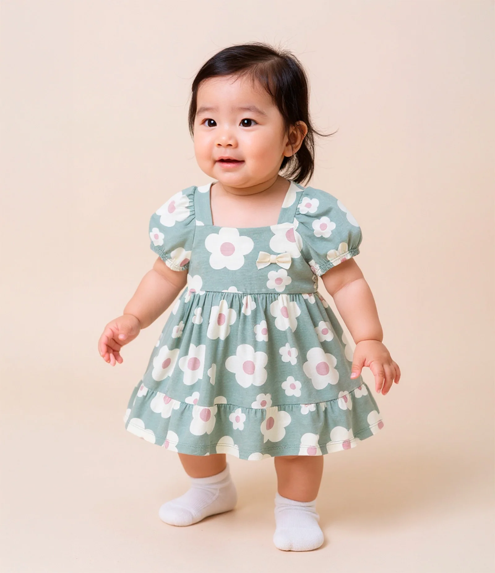 Vestido Infantil com Manga Bufante e Calcinha - Tam 0 a 18 meses Verde 1