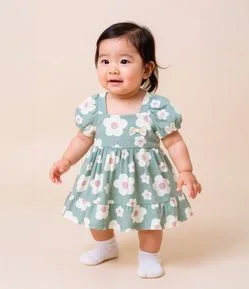 Vestido Infantil com Manga Bufante e Calcinha - Tam 0 a 18 meses