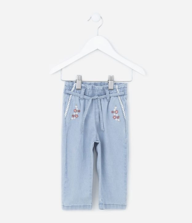 Calça Clochard Infantil Jeans com Amarração - Tam 3 a 18 meses