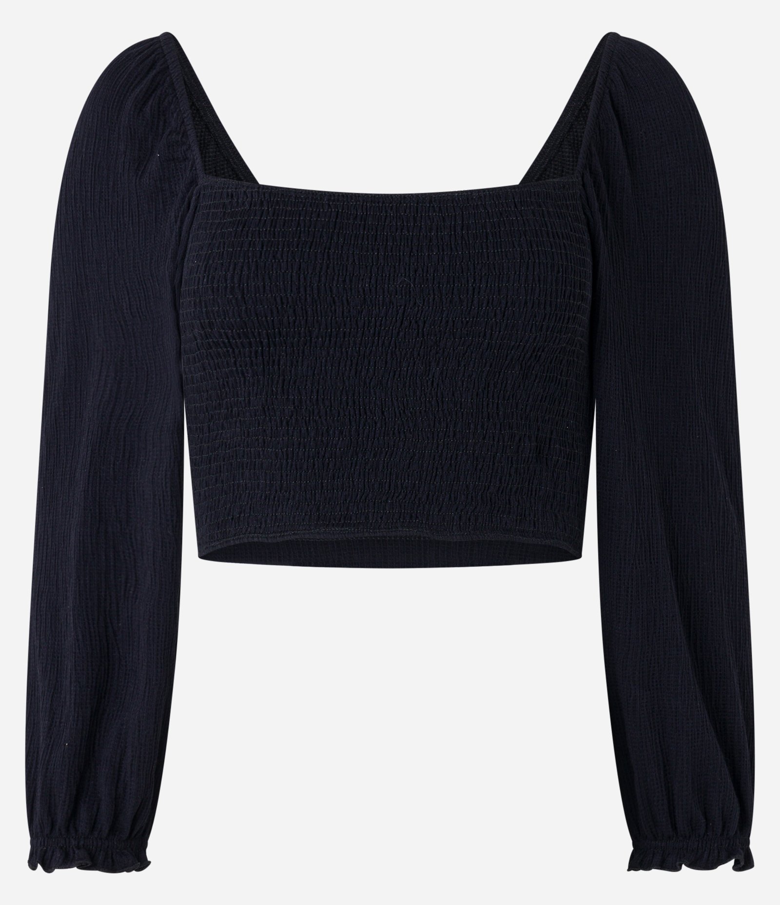 Blusa Cropped Texturizada com Lastex e Frufru na Manga Preto 5