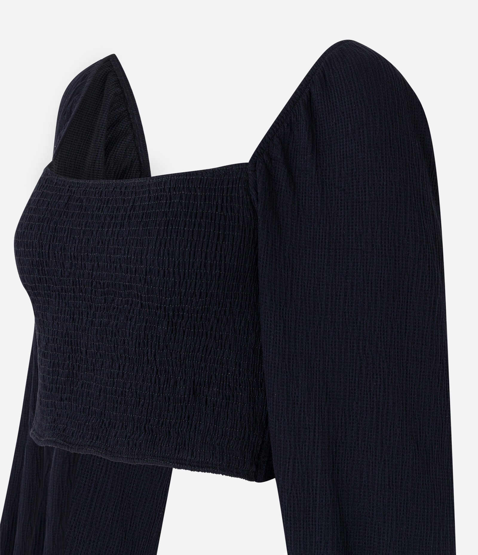 Blusa Cropped Texturizada com Lastex e Frufru na Manga Preto 6