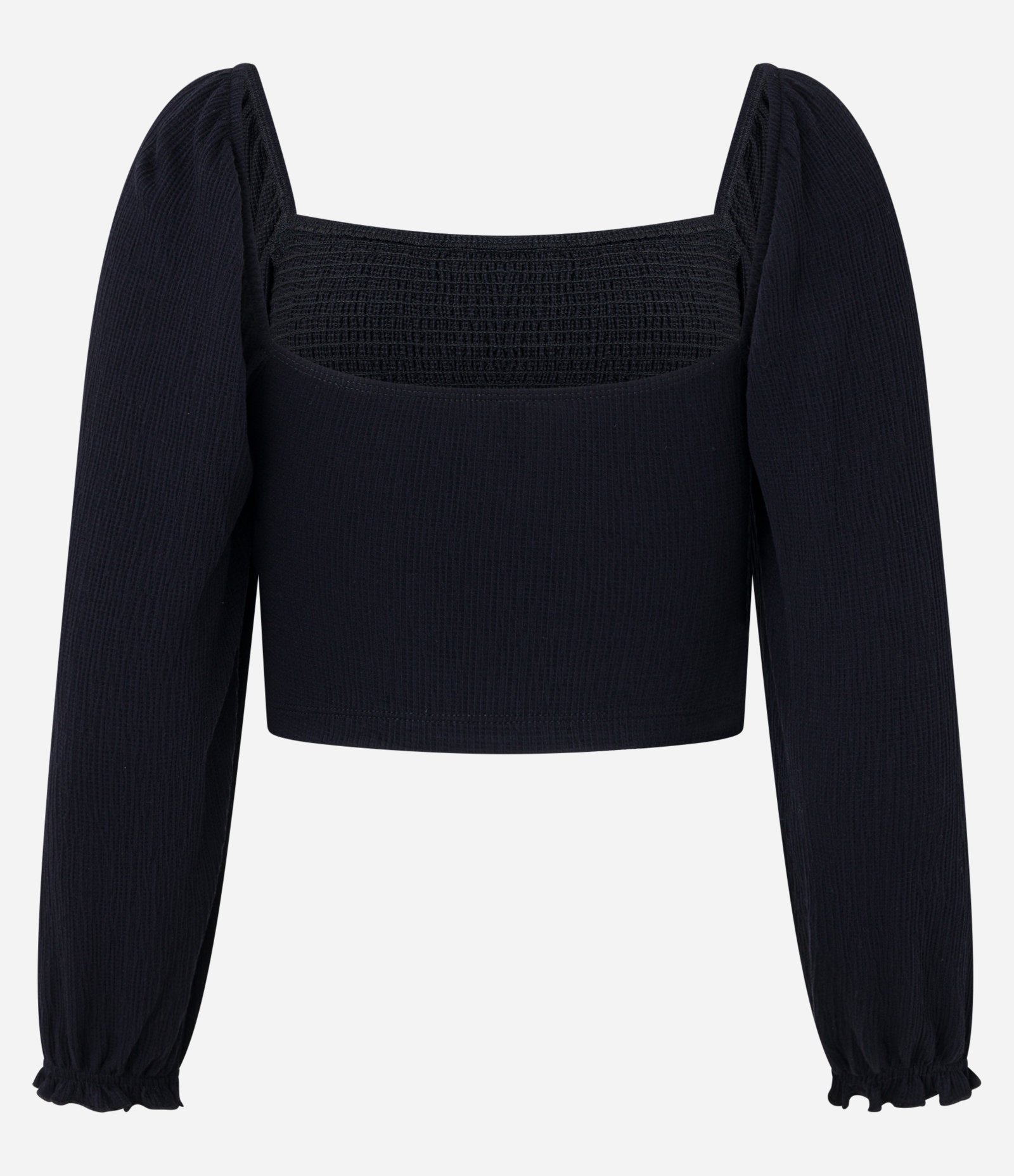 Blusa Cropped Texturizada com Lastex e Frufru na Manga Preto 7