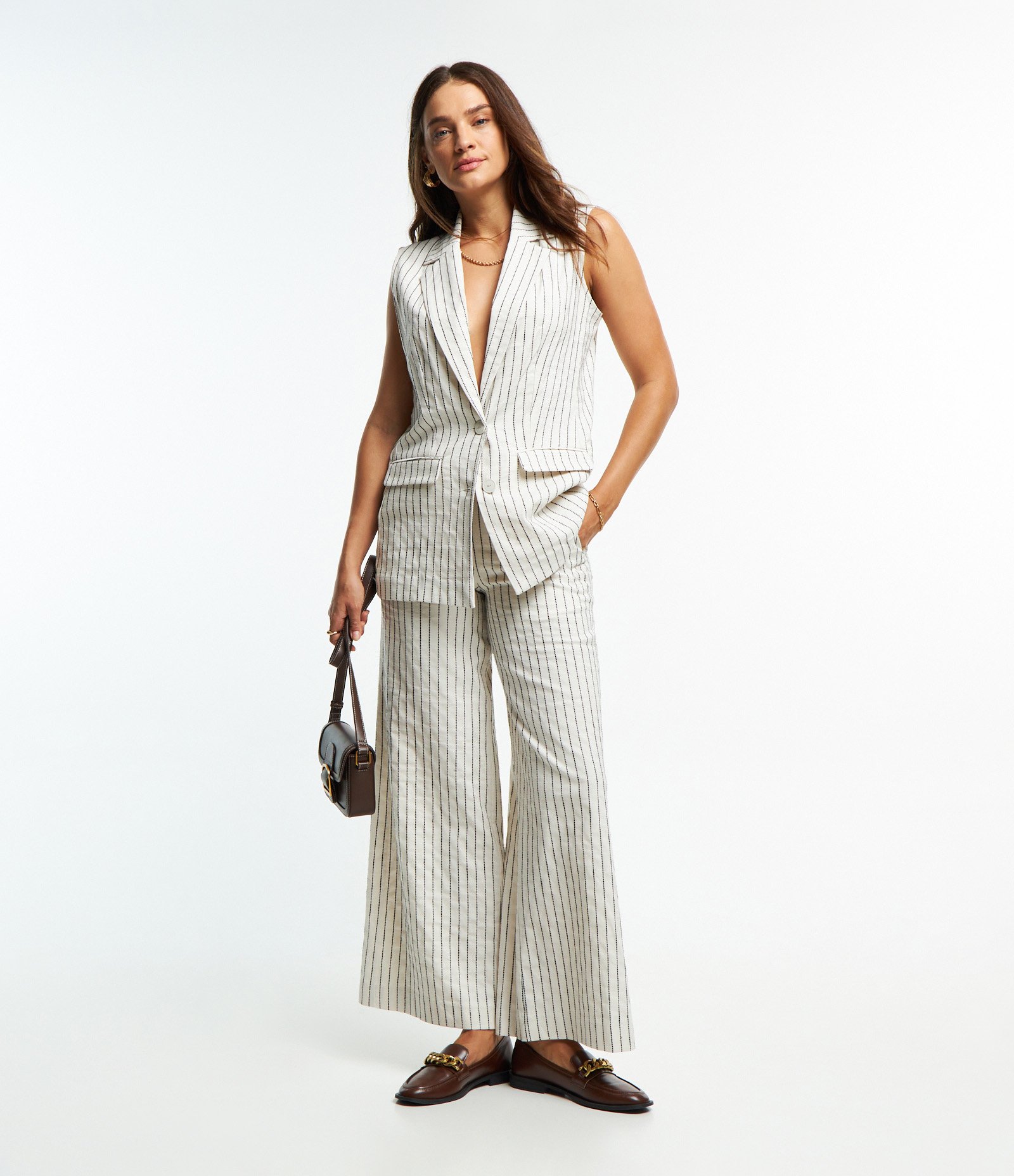 Calça Pantalona em Tricoline com Zíper na Lateral do Cós e Estampa Listrada Branco Neve 1