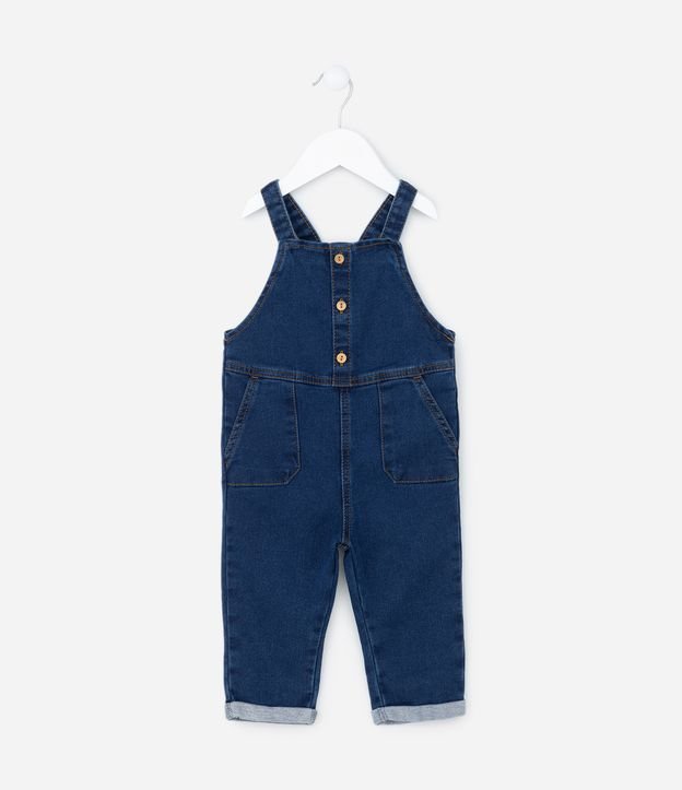 Jardineira Infantil em Jeans com Barra Dobrada - Tam  0 a 18 meses Azul 1