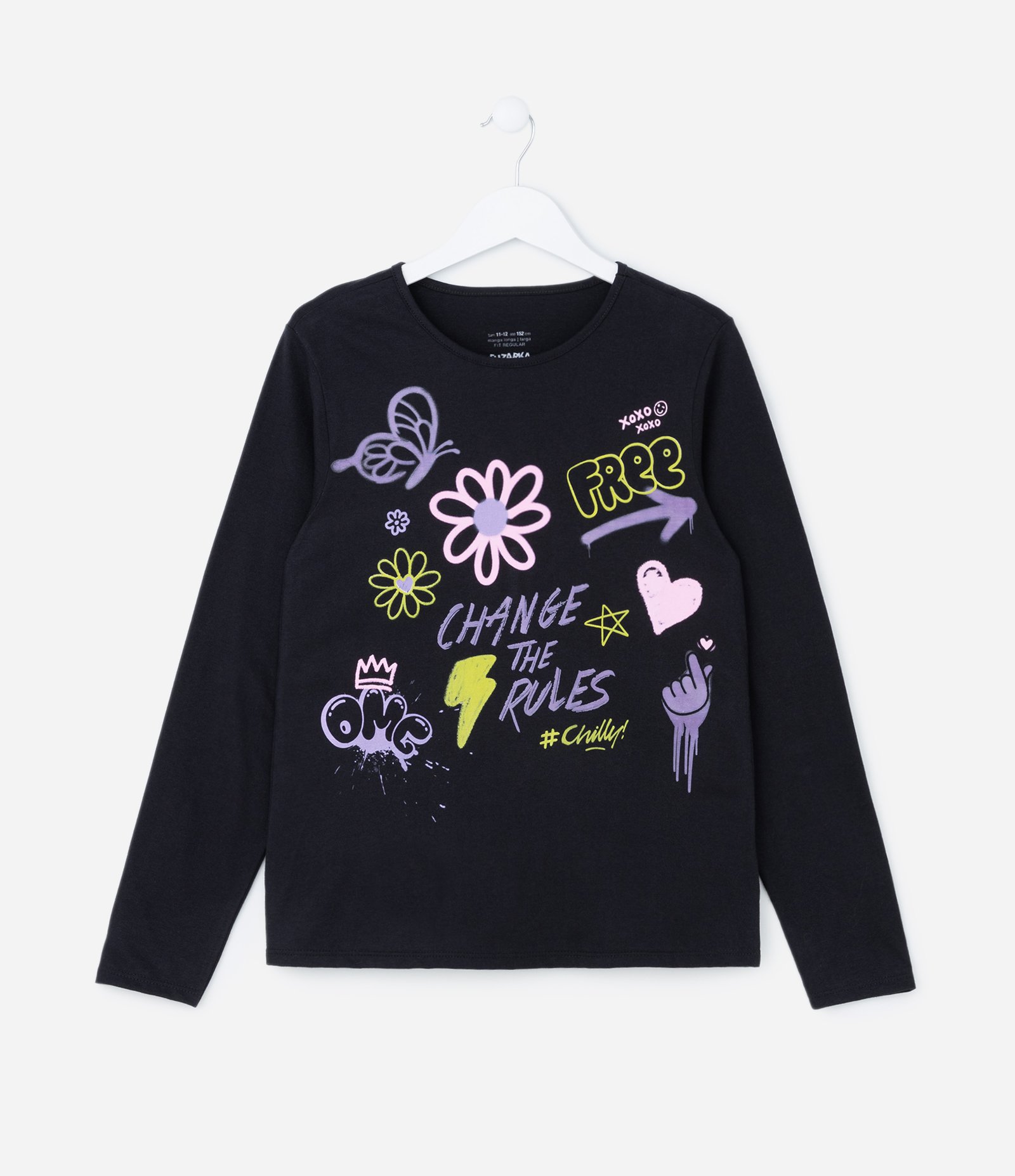 Camiseta Infantil Manga Longa com Estampa de Doodles - Tam 5 a 14 anos Preto 1