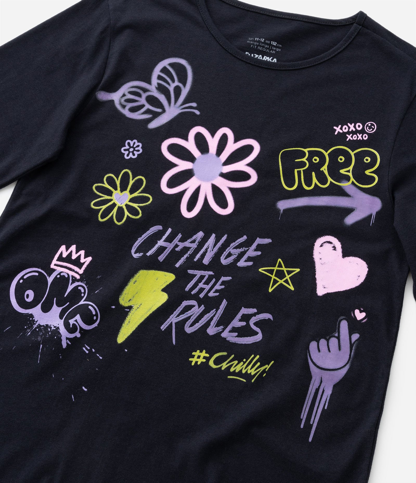 Camiseta Infantil Manga Longa com Estampa de Doodles - Tam 5 a 14 anos Preto 4