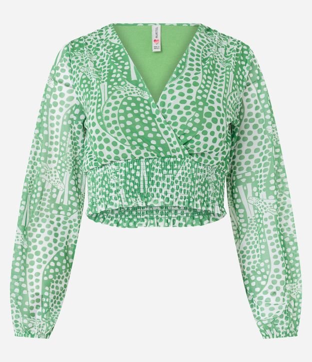 Blusa Cropped em Tule com Estampa de Girafas Pintadas Verde 5