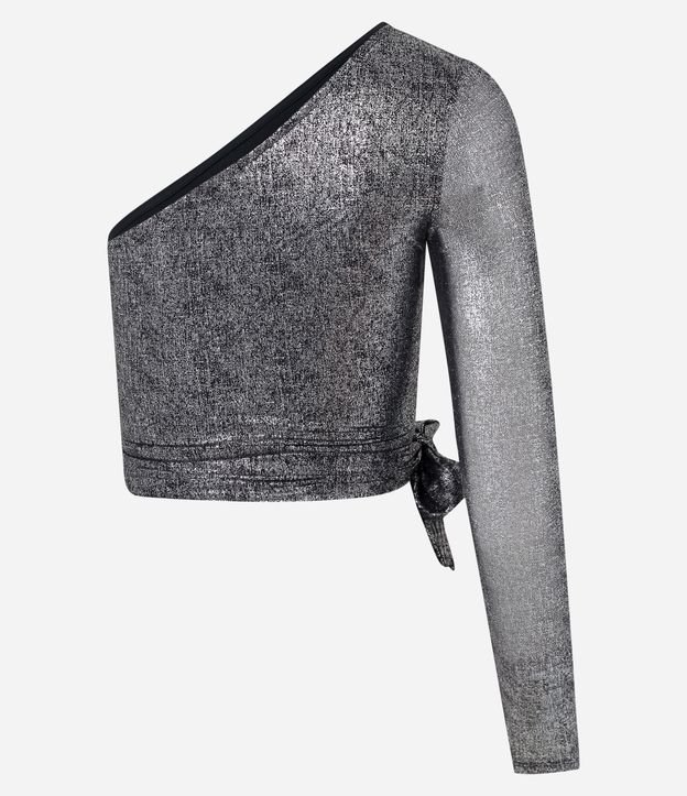 Blusa Cropped em Meia Malha Metalizada com Um Ombro Só e Lacinho Prata 7