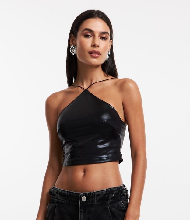 Blusa Cropped de Alça Metalizado com Decote Halter