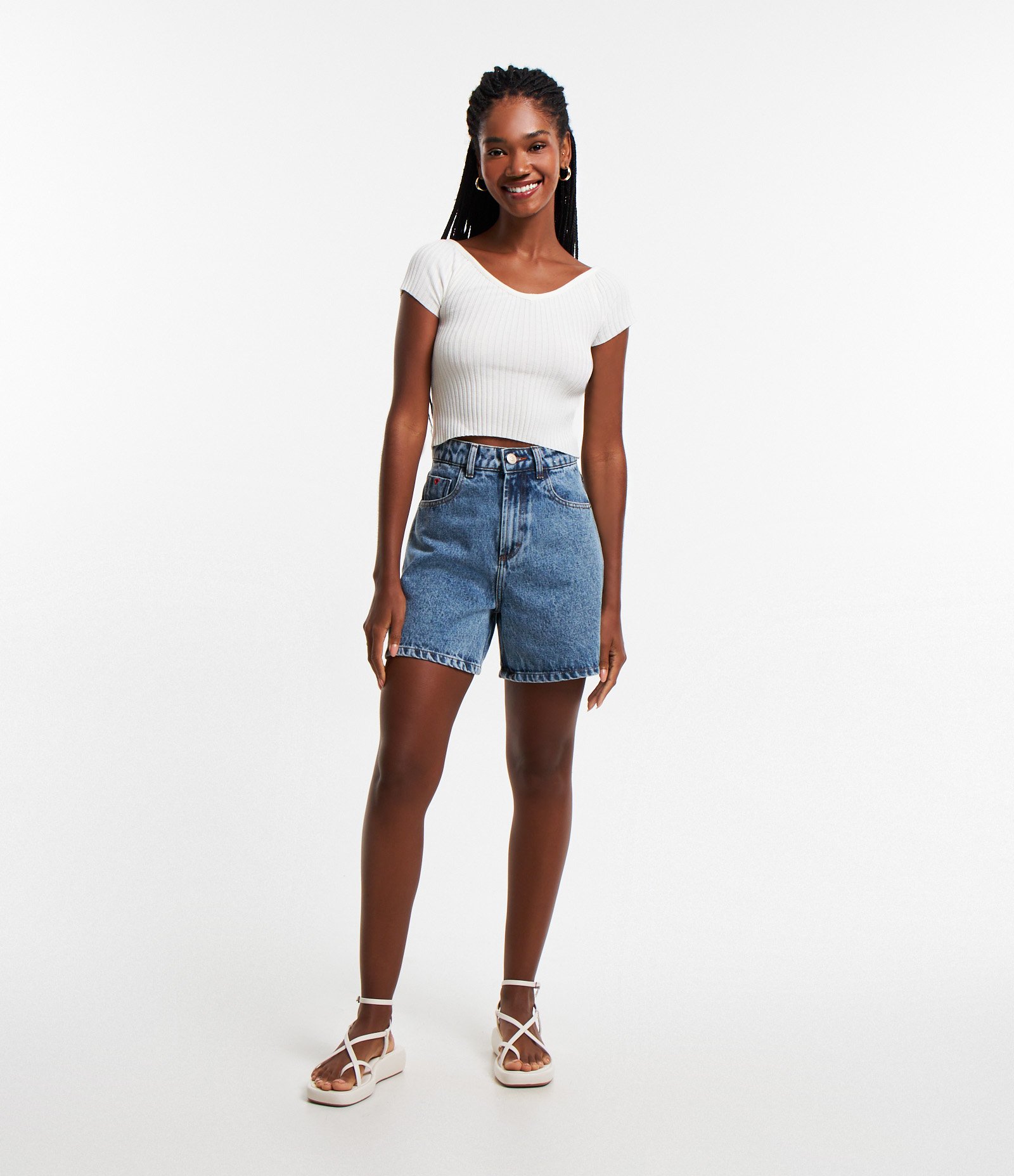 Blusa Manga Curta em Tricô com Decote Ombro a Ombro Branco Neve 2