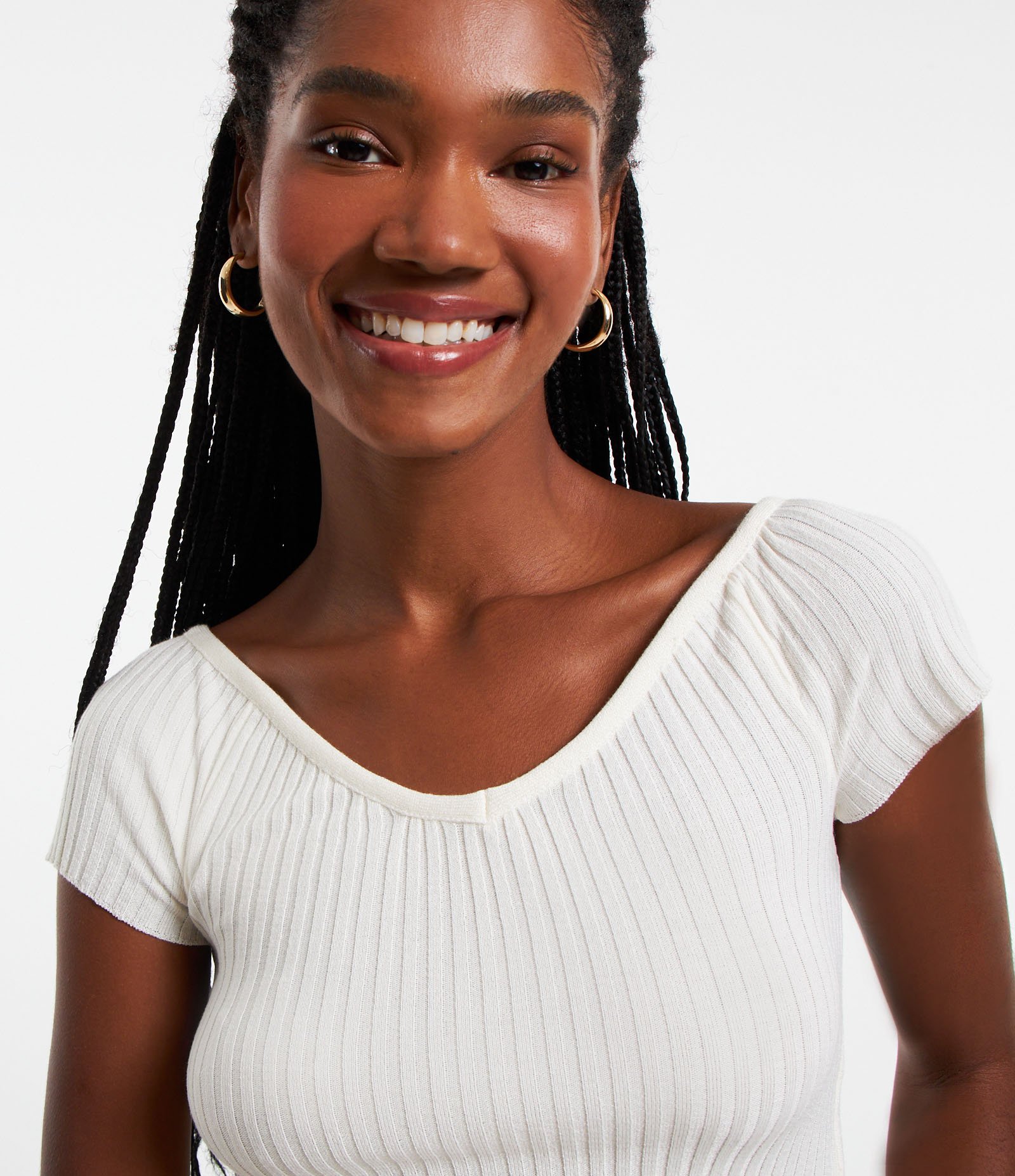 Blusa Manga Curta em Tricô com Decote Ombro a Ombro Branco Neve 4
