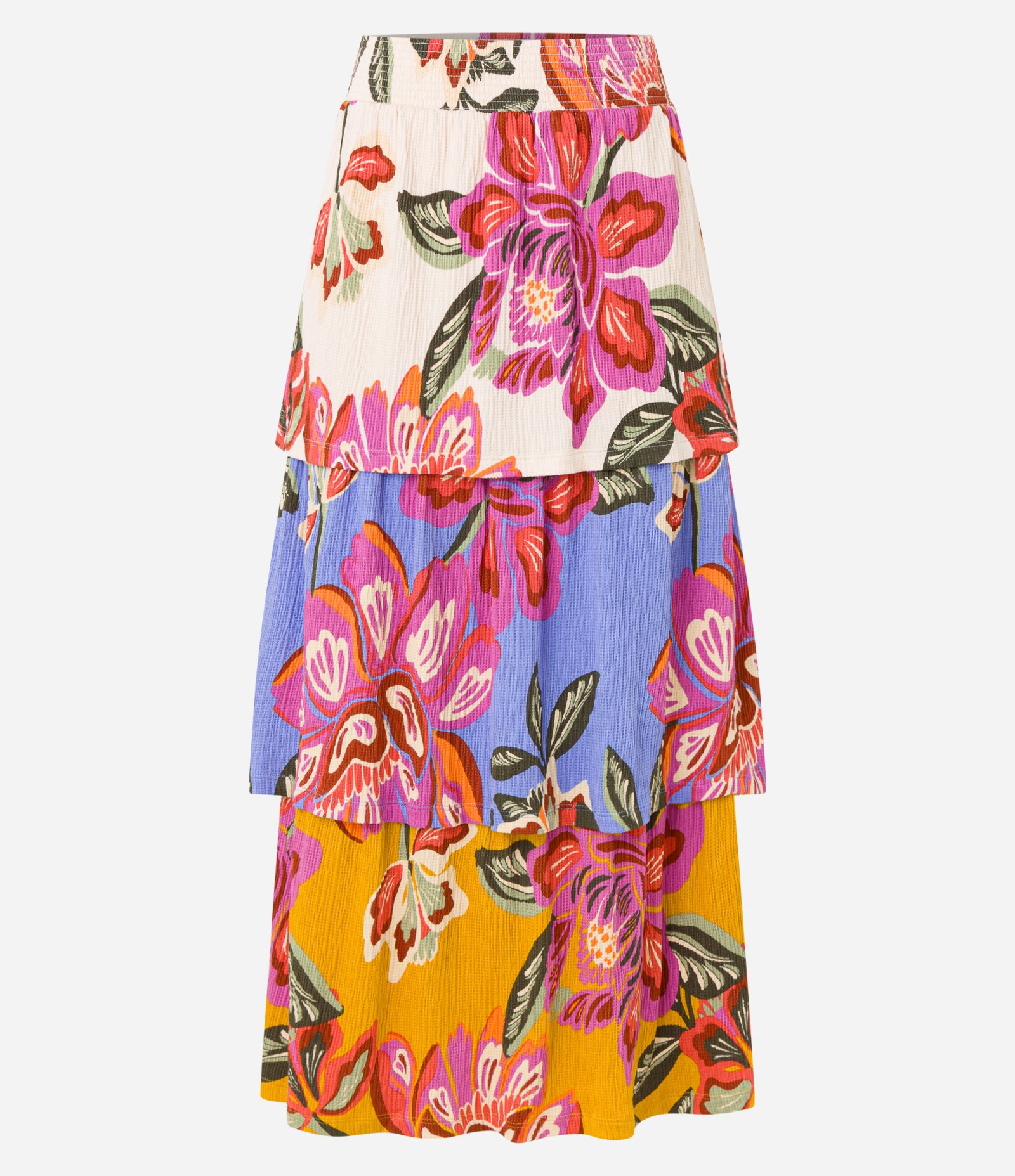 Saia Midi Texturizada com Babados e Mix de Estampa Floral Bege 5