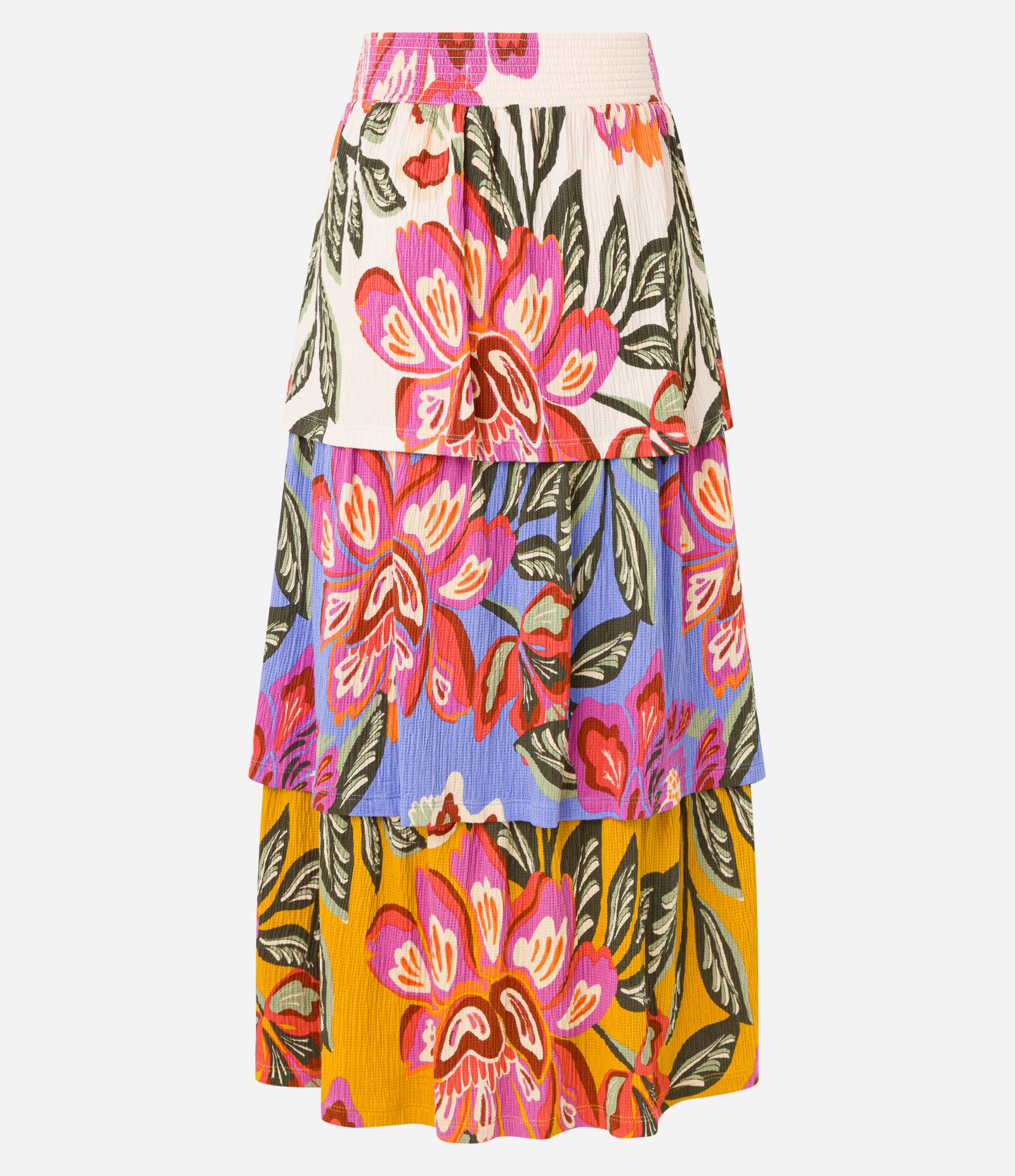 Saia Midi Texturizada com Babados e Mix de Estampa Floral Bege 8