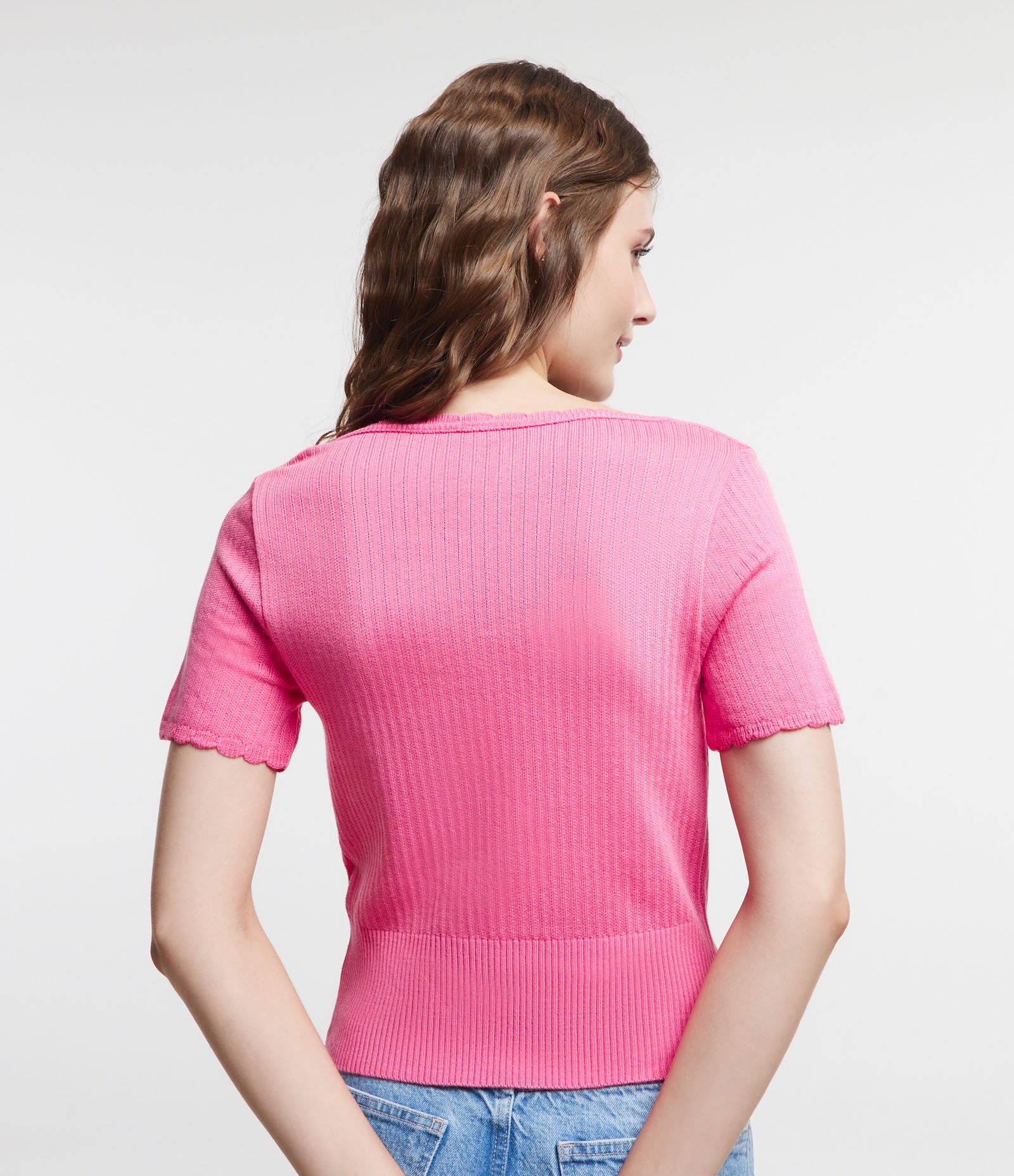 Blusa em Tricô com Botões na Gola e Manga Curta Rosa 3