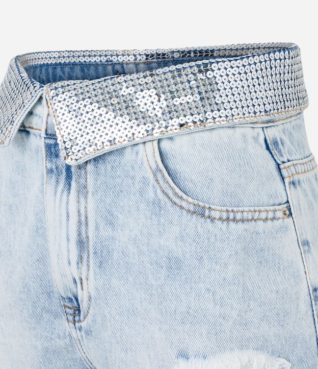Short Jeans com Puídos e Cós Diferenciado com Paetês Azul Claro 6