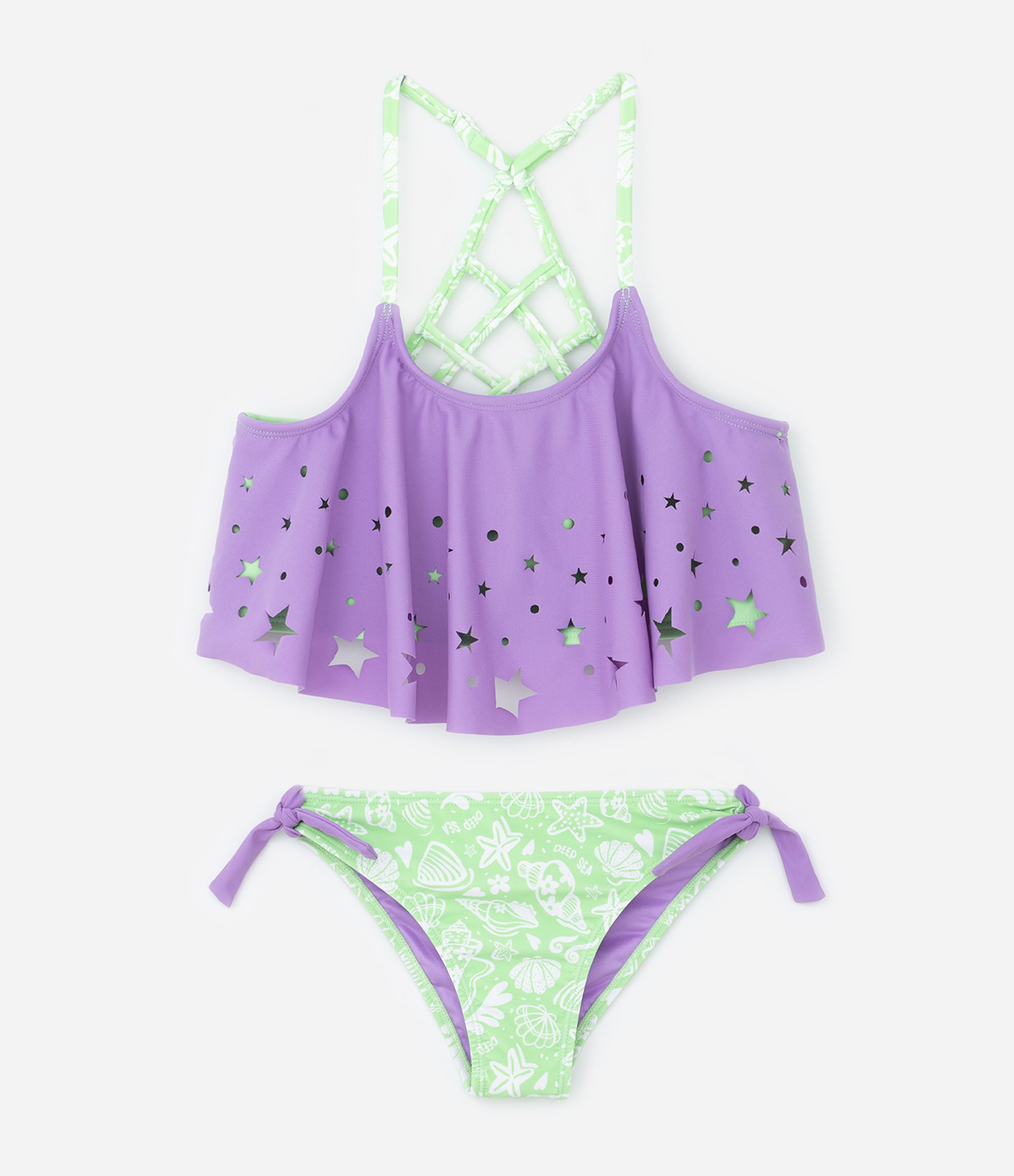 Biquíni Cropped Infantil com Recortes e Proteção UV - Tam 5 a 14 Anos Verde/Roxo 1