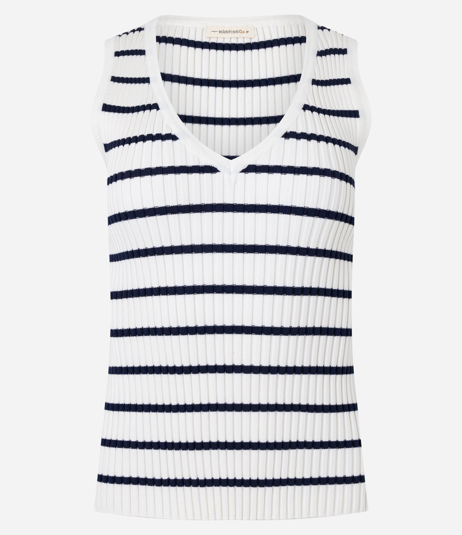 Blusa Listrada em Tricô com Decote V Branco/ Azul 6