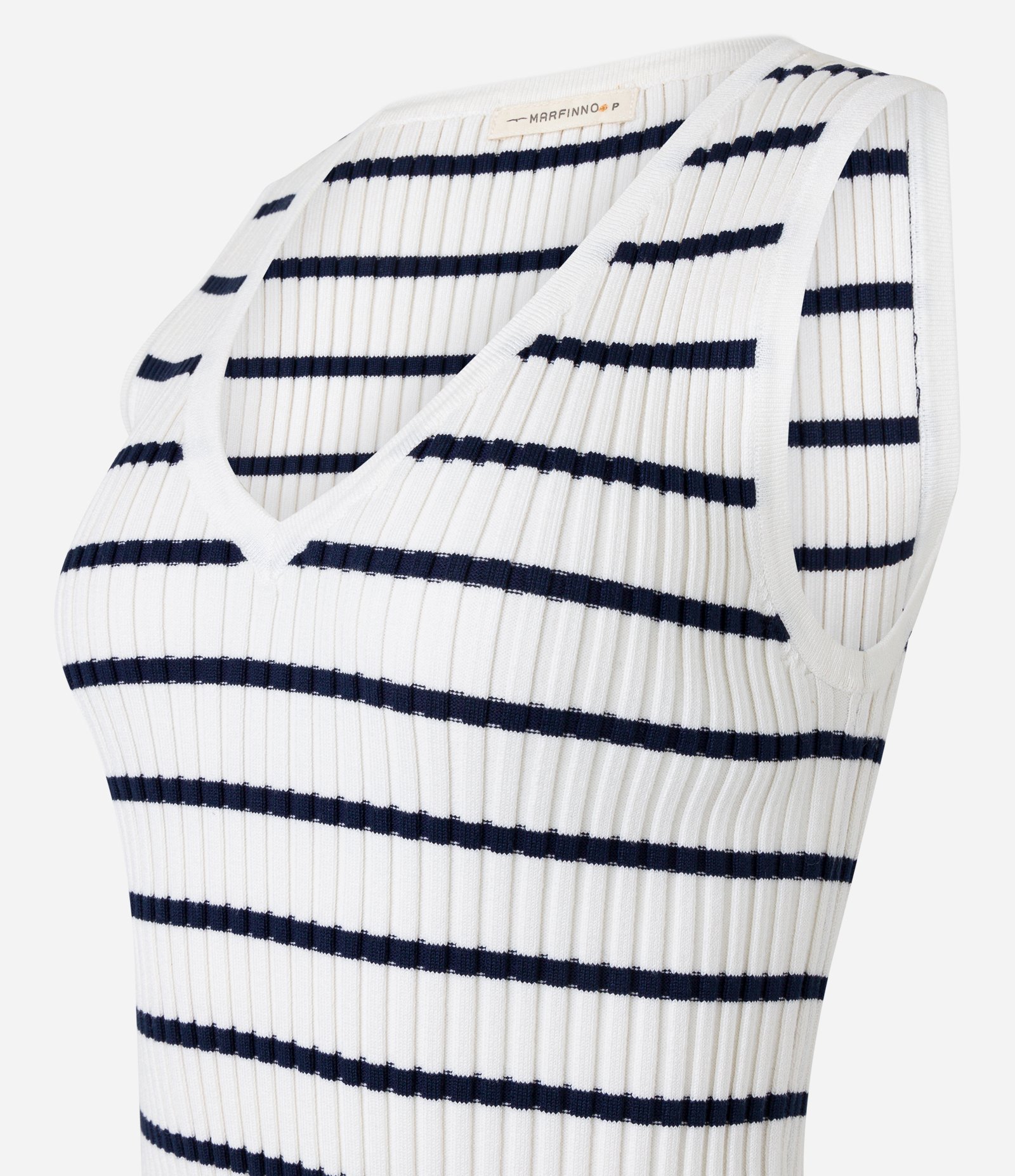 Blusa Listrada em Tricô com Decote V Branco/ Azul 7