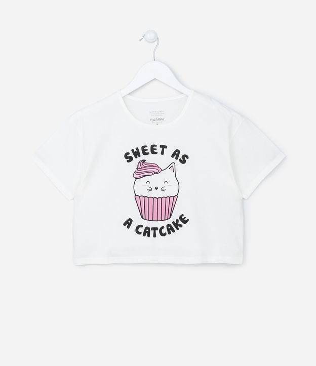 Camiseta Cropped Infantil com Estampa Cupcake de Gatinho - Tam 5 a 14