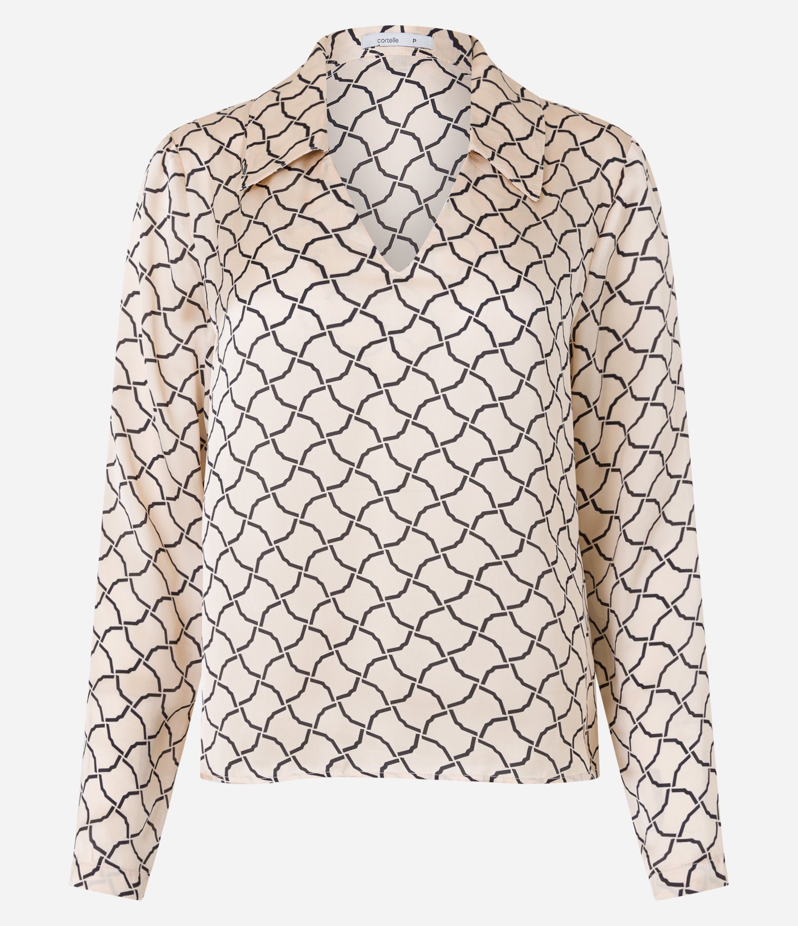 Blusa em Tecido Acetinado com Decote V e Estampa Geometrica Bege 5