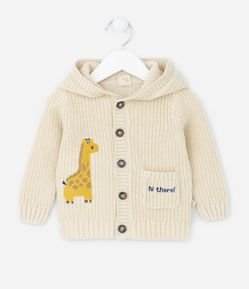 Casaco Infantil em Tricô com Bolsinho e Estampa Girafinha - Tam 0 a 18 meses