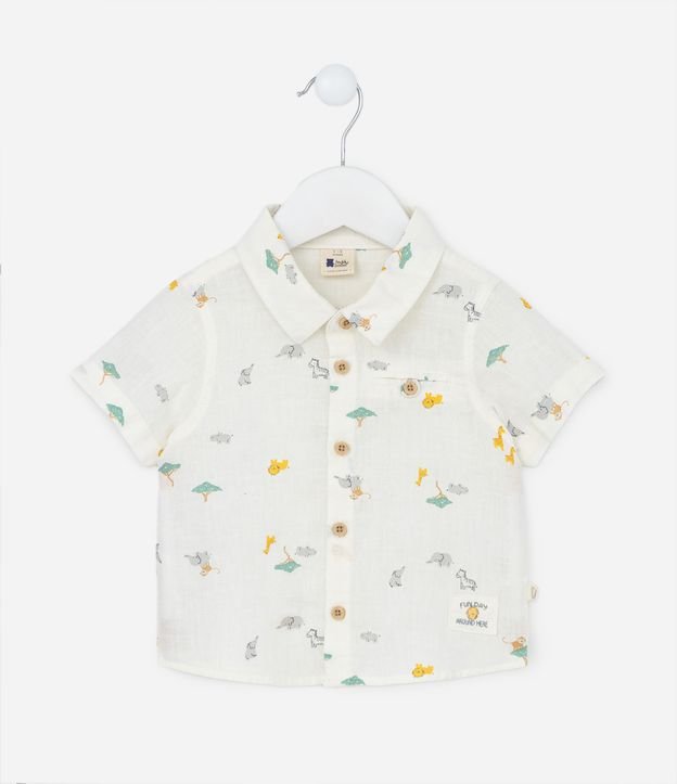 Camisa Infantil em Linho com Estampa de Bichinhos - Tam 0 a 18 meses