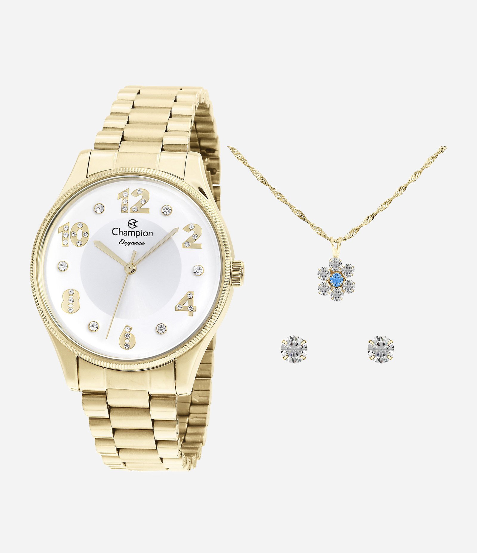 Kit Relógio Metal Champion Feminino Analógico com Caixa de Metal e Pulseira de Aço CN24002W Dourado 4
