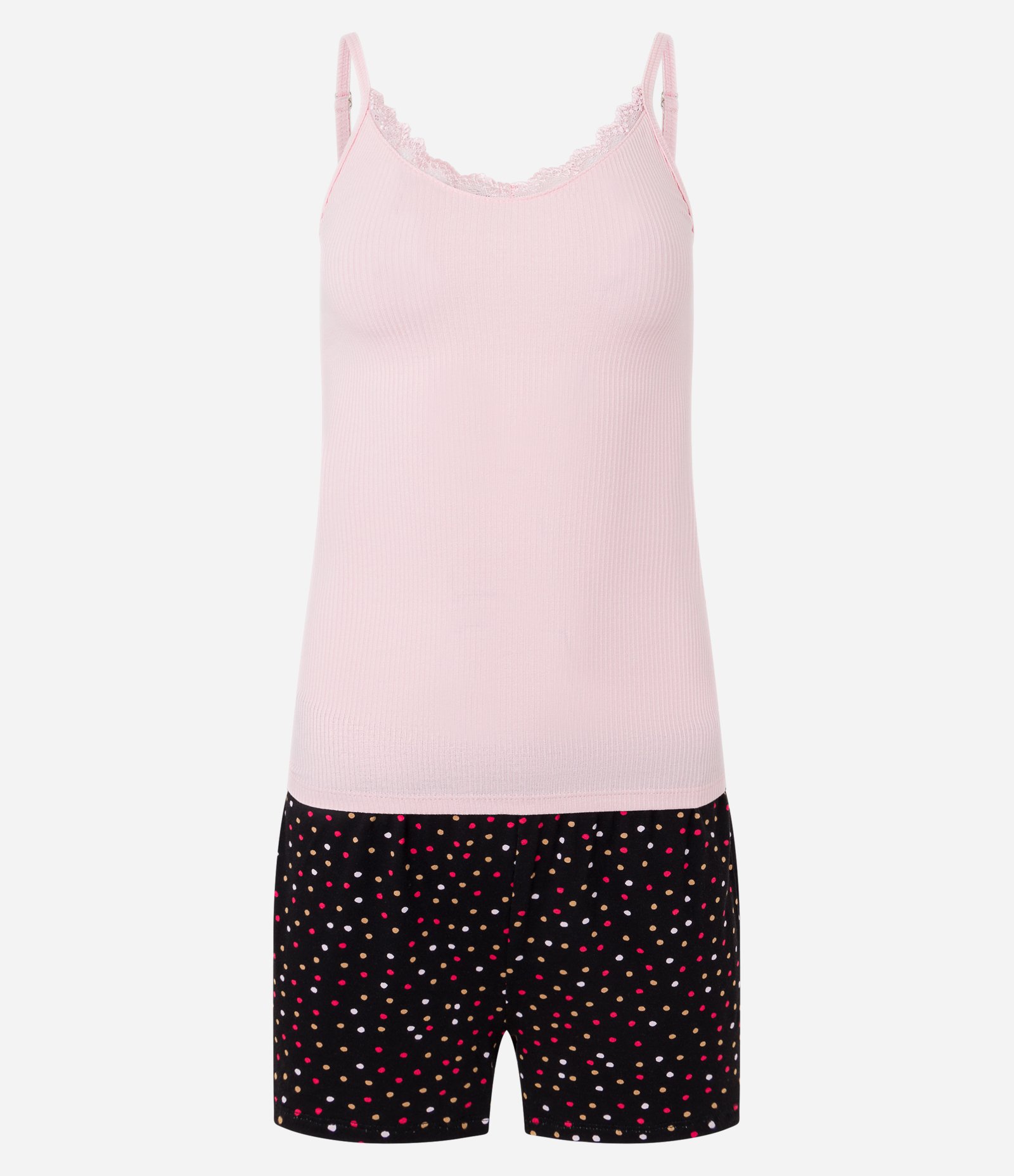 Pijama Short Doll em Ribana com Estampa Poá Rosa/Preto 5