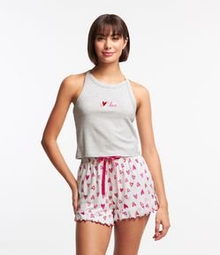 Pijama Short Doll em Ribana Estampa Love e Corações