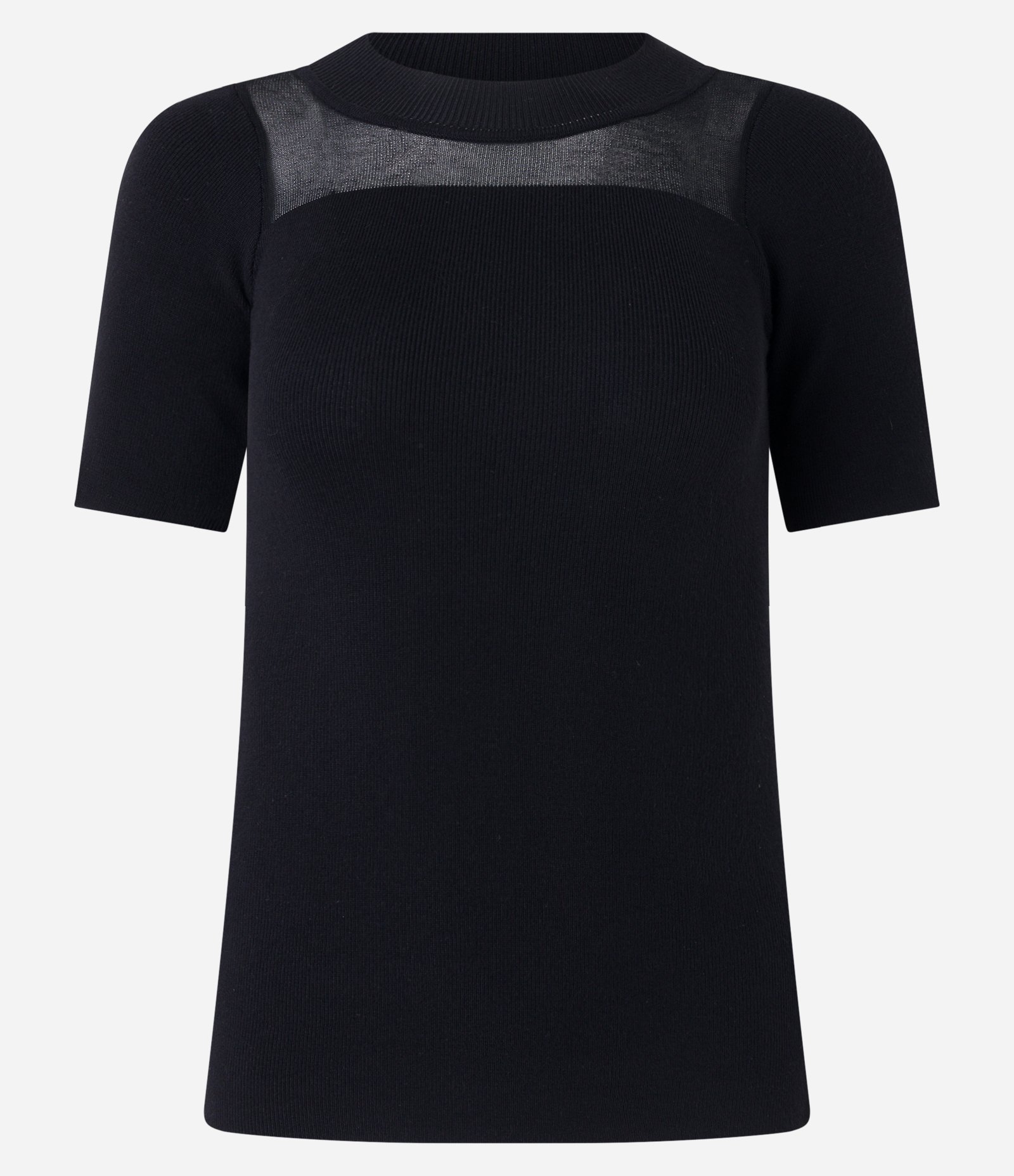 Blusa em Tricô com Mangas Curtas e Recorte em Tule Preto 6
