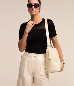 Blusa em Tricô com Mangas Curtas e Recorte em Tule