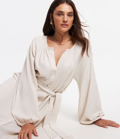 Vestido Chemise Midi em Viscolinho com Amarração na Cintura Menor preço em Vestido Chemise Midi em Viscolinho com Amarração na Cintura