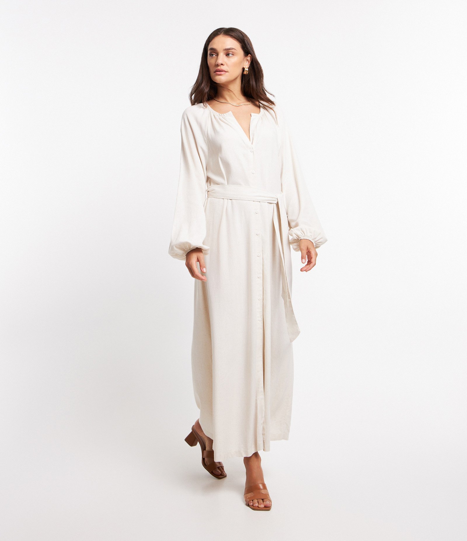Vestido Chemise Midi em Viscolinho com Amarração na Cintura Crú 2