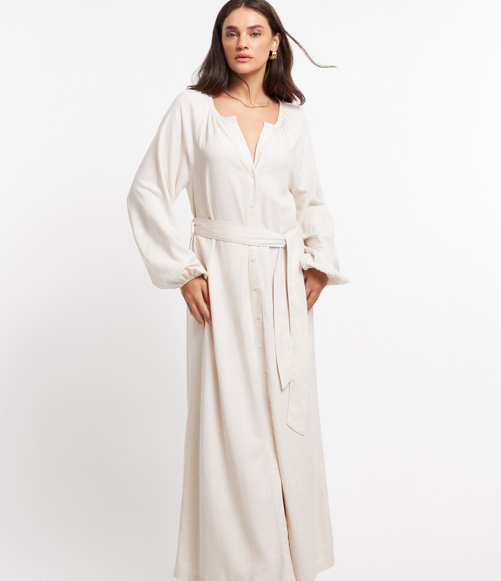 Vestido Chemise Midi em Viscolinho com Amarração na Cintura Crú 3