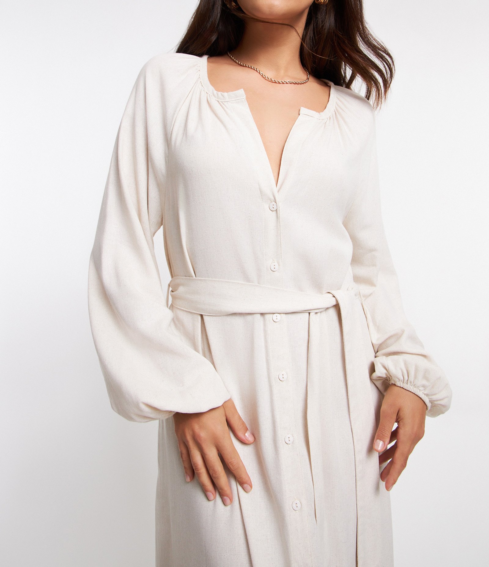 Vestido Chemise Midi em Viscolinho com Amarração na Cintura Crú 5