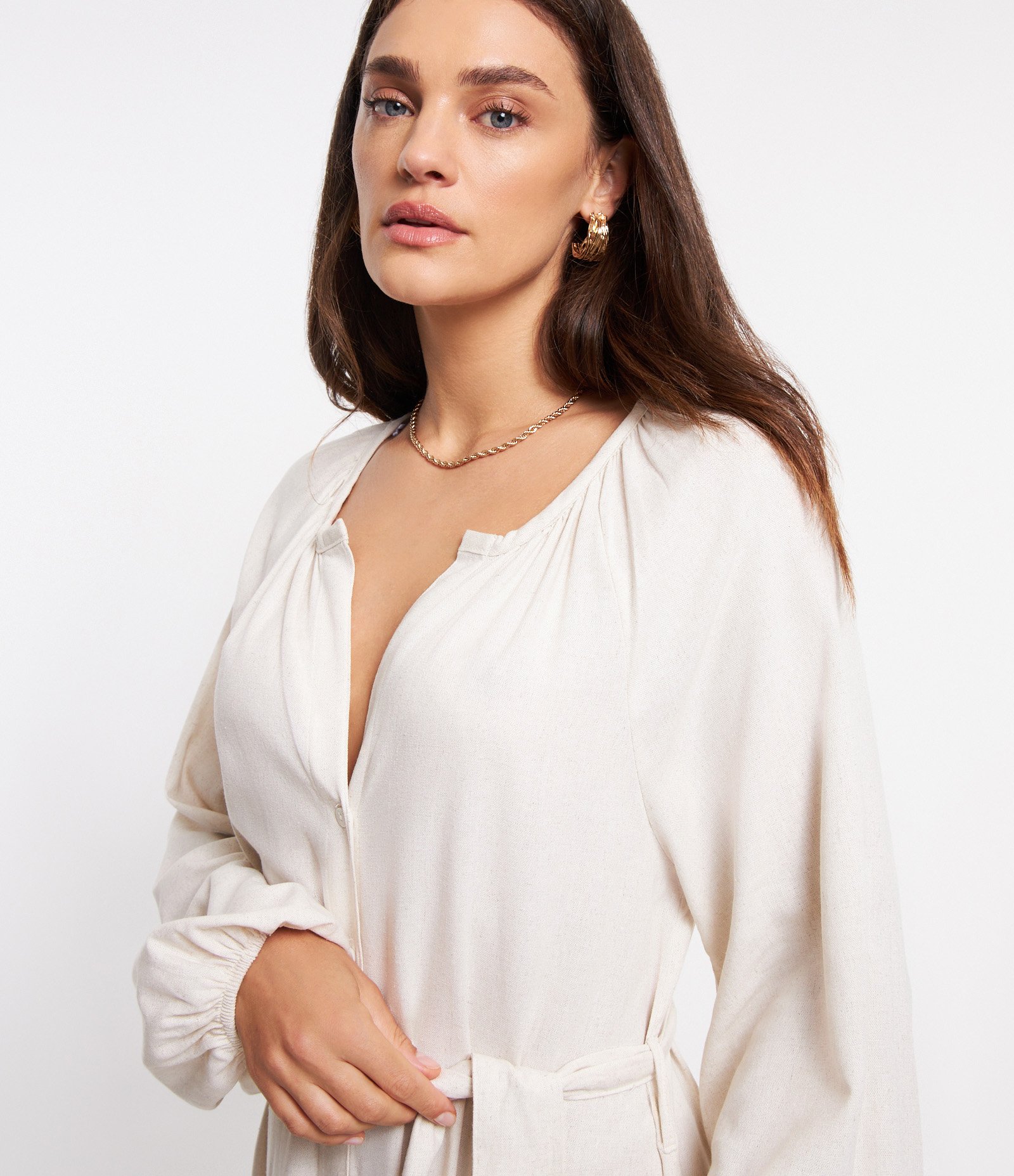 Vestido Chemise Midi em Viscolinho com Amarração na Cintura Crú 6
