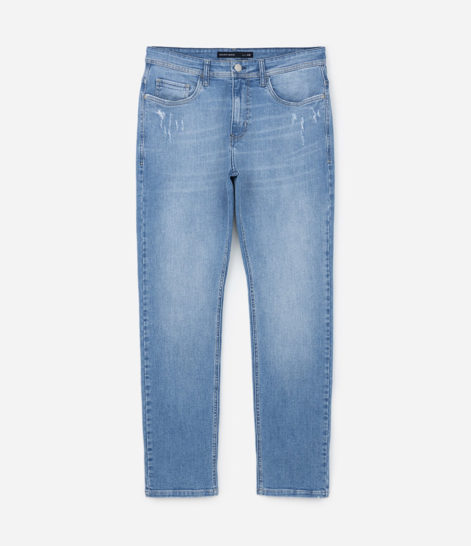 Calça Slim Jeans Básica com Elastano e Pequenos Puídos Azul 5