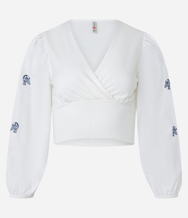 Blusa em Meia Malha com Decote Transpassado e Bordadinhos de Tucanos Branco 5
