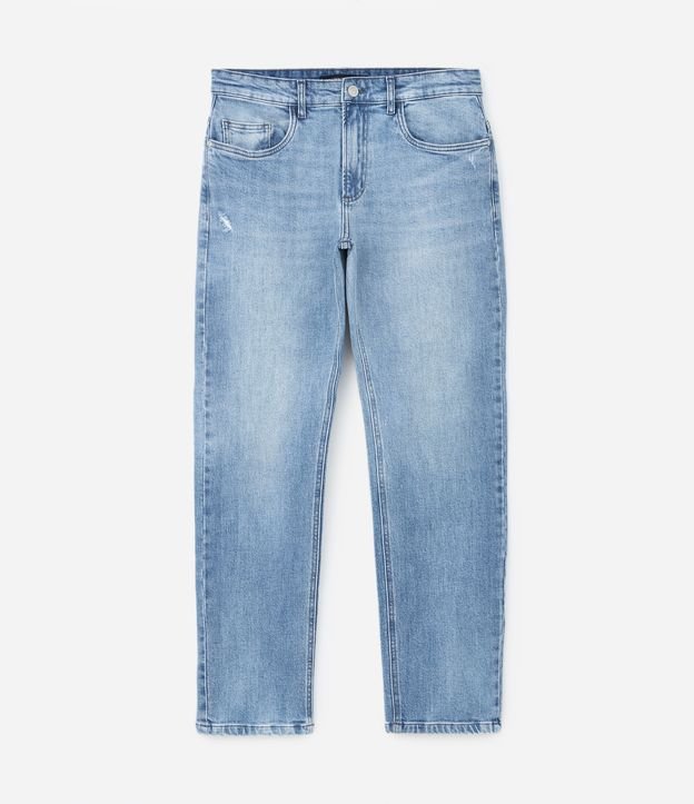 Calça Reta Jeans com Puidos nos bolsos e Lavagem Estonada